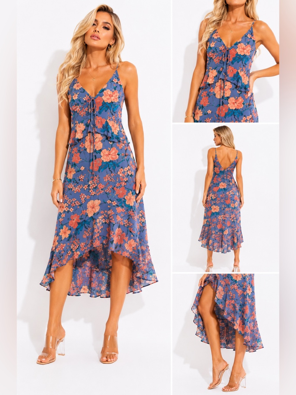 NEW Nordstrom Highline Blue Pink Floral Tie-Front Flutter Hi-Lo Tank Dress $150